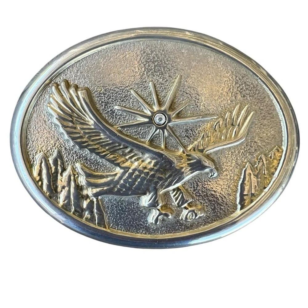 VTG Tooled Leather Western Eagle Belt Oval Silver Tone Buckle Mexico Size 44